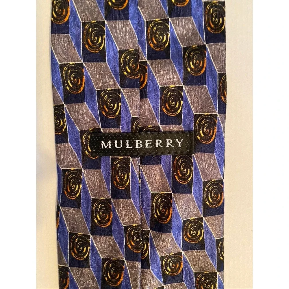Mulberry Mens Silk Tie Blue Grey Geometric 3D Cube Spiral Hand Sewn Italy 3.75